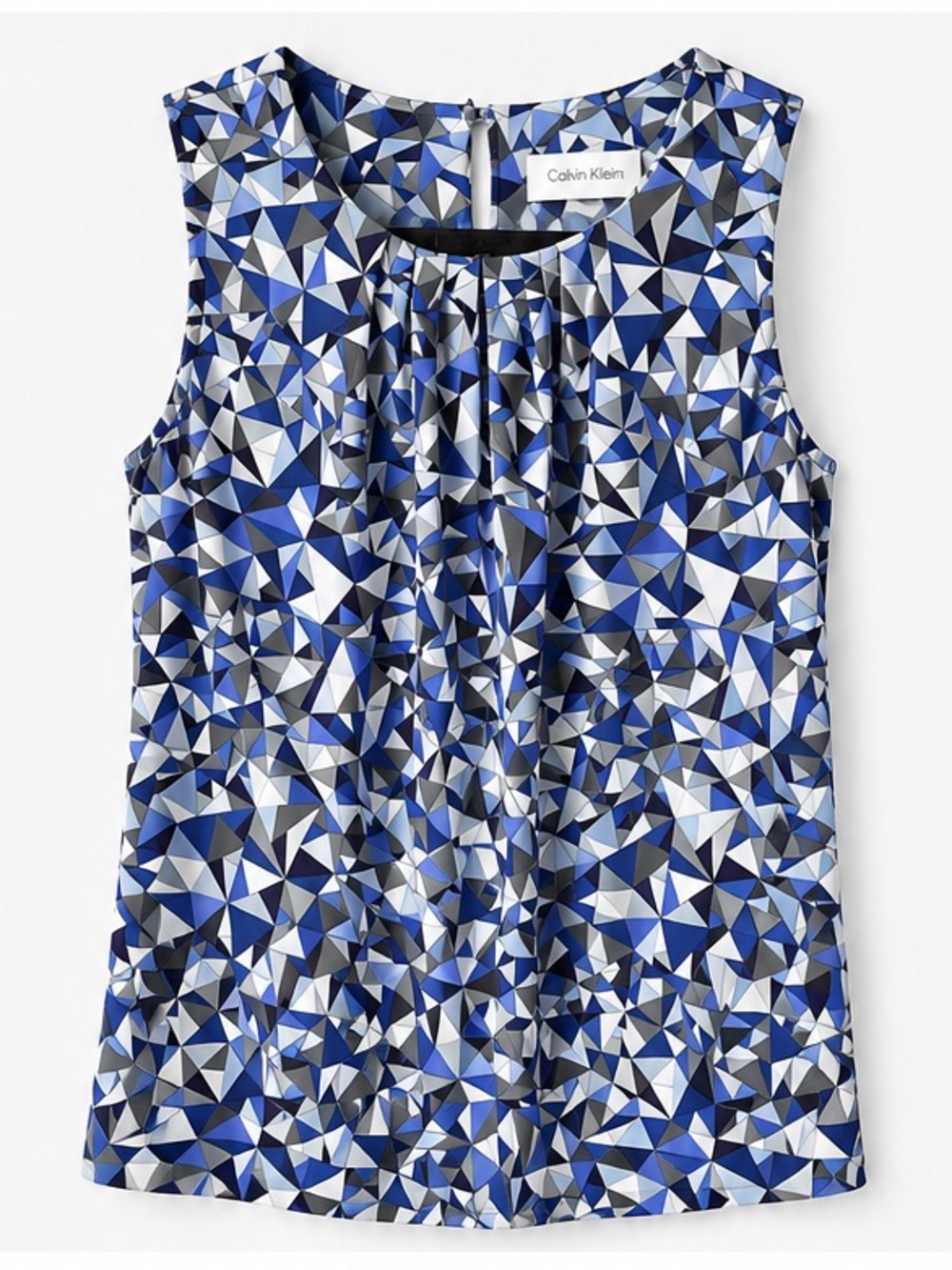 Calvin Klein Blue Geometric Sleeveless Pleated Blouse